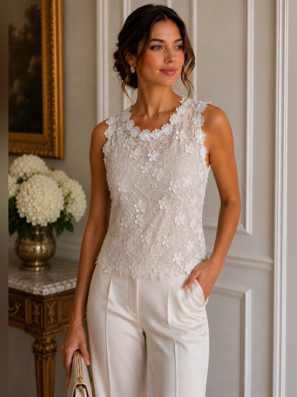 ADIVA White Floral Lace Sleeveless Top